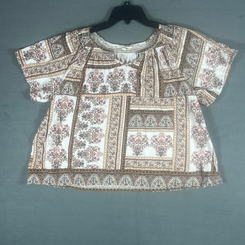 Lucky Brand Womens Top XL White Brown Floral Paisley Patchwork Short Sleeve Boho